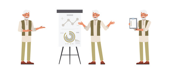 Set of Indian man character vector design. Businessman working and presentation with graph in office. Presentation in various action on isolated white background.