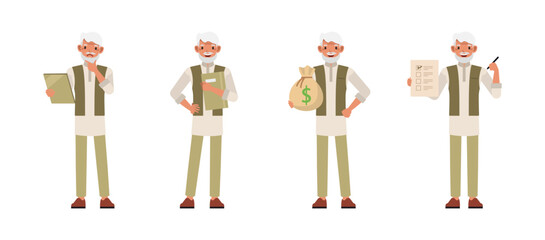 Set of Indian man character vector design. Businessman working holding folder and money bag. Presentation in various action on isolated white background.