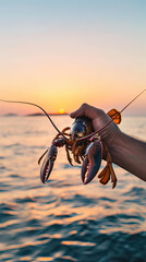 Fisherman holding a live lobster, ocean backdrop, sunrise space for text