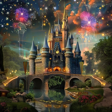 Fairytale castle with fireworks, moat, and bridge, with royal scroll for majestic birthday notes