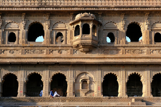 Maheshwar, Madhya Pradesh, INDIA - February 24, 2024, Exterior View of the scenic tourist landmark Maheshwar fort (Ahilya Fort) and temple. This monument is on the banks of the Narmada River.