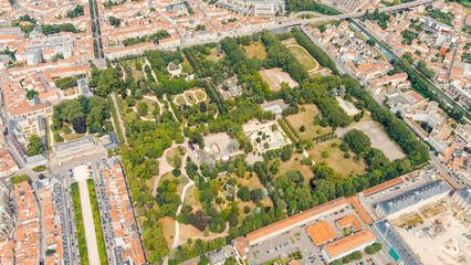 Nancy, France. Pepinier Park - Forest park with walking paths, rose garden, playgrounds and sports grounds. Summer, Sunny day, Aerial View