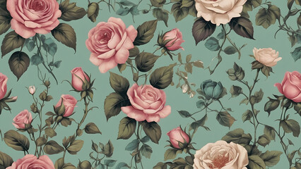 Vintage Floral Pattern: Elegant Roses on Teal Background