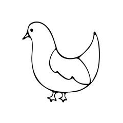 Cute hen for easter, farming design. Black line doodle mother chicken. Hand drawn clip art illustration in doodle style for poster, banner, print, greeting card. Isolated on white background.