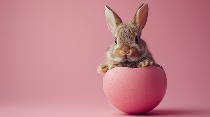 Cute Easter bunny hatching from pink Easter egg isolated on pastel pink background with copy space, Happy Easter banner with adorable rabbit