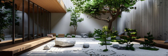  Tucked away in a bustling metropolis this private house offers a sense of seclusion and peace with a serene courtyard and rooftop relaxation area - obrazy, fototapety, plakaty