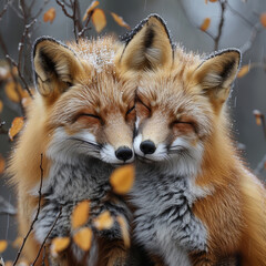 A couple of red foxes. Beautiful animal in the nature habitat. Wildlife scene from the wild nature. Cute animal in habitat.
