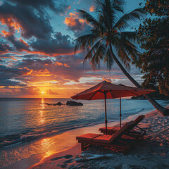 Beautiful tropical sunset scenery, two sun beds, loungers, umbrella under palm tree. Sea view with...
