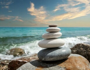 Fototapeta premium Shoreline Harmony: Sea Stones Resting Amidst a Picture-Perfect Sea Landscape