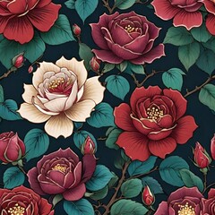 graceful collection of red roses in full bloom, intricately detailed and set against a complementary background, often with subtle gold accents