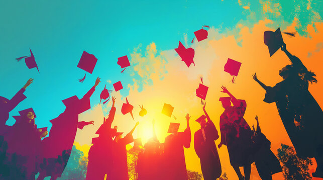 silhouettes of college graduates throwing hats up , multi-colored vector