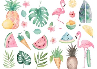 collection of cute watercolor tropical summer elements