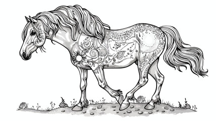 Horse coloring book page for adults flat vector isolated