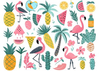 collection of cute watercolor tropical summer elements