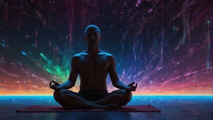 Meditation Unveiling the Fourth Dimension: Dynamic Illustration Surrounded by a Spectrum of Cosmic Colors