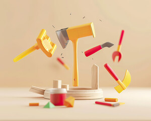Creative 3D render of floating tools, minimalist construction theme