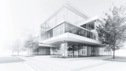 Creative 3D wireframe of a building, minimalist architectural design