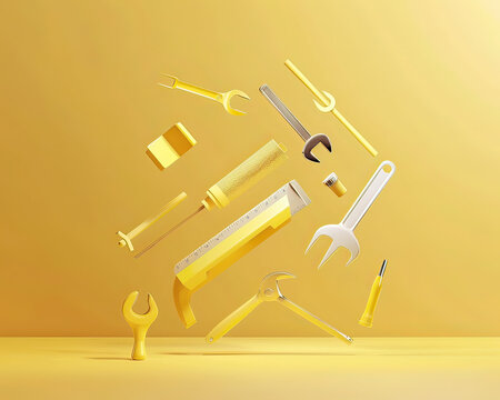 Creative 3D render of floating tools, minimalist construction theme