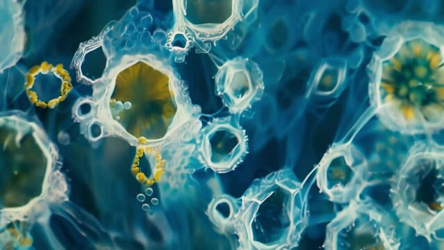 A magnified image of a colony of cyanobacteria on a microscope slide taken under polarized light. The cells have a unique crystalline . AI generation.