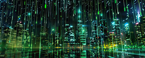 Digital matrix code rain with neon green for tech-inspired birthday greetings