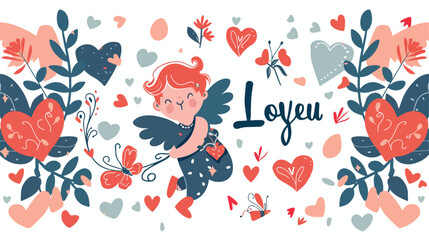 I love you card Valentines Day with a cute cupid flat - obrazy, fototapety, plakaty