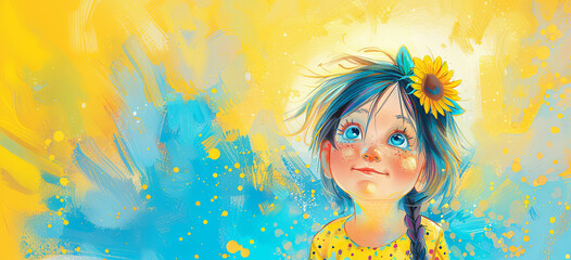 Happy charming girl smiling. Funny illustration. Blue and yellow panorana