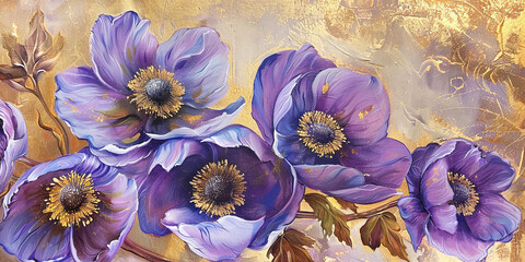 Fototapeta premium Purple anemone blossom on gold background oil painting. Banner with beautiful spring flower.