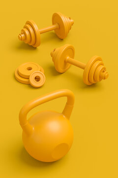 Isometric view of sport equipment like kettlebell, fitness ball and yoga mat