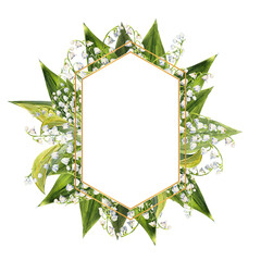 Wreath of spring flowers of lilies of the valley. Hand-drawn watercolor polygonal frame. Watercolor illustration.