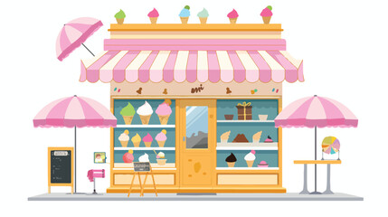 Ice cream store facade with parasol flat vector isolated