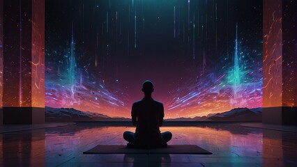 Transcending Realms Through Meditation: Colorful Space Backdrop Enhancing Vibrant Illustration