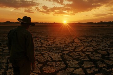 A farmer gazes at a sunlit, cracked field, embodying the stark impact of global warming on agriculture