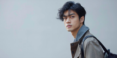 Elegant Asian man with a modern haircut wearing a trench coat, looking away with a thoughtful expression, light blue sky behind.