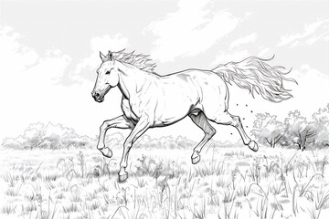 Obraz na płótnie Canvas Coloring Pages of horse running and jumping in the field