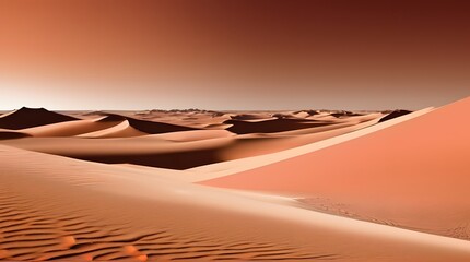 Naklejka premium Sahara sunset casting warm hues over desert dunes and distant horizons, blending orange with the azure sky