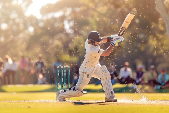 Cricket player executing a forceful shot on a sunlit field, with spectators watching.