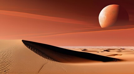 Sahara sunset casting warm hues over desert dunes and distant horizons, blending orange with the azure sky