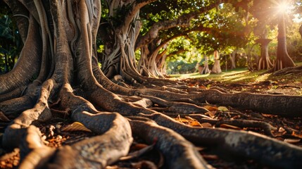 Roots of tree in the park with sun light. Natural background.
