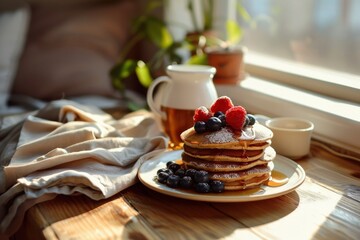 Sun-kissed buckwheat pancakes tower, drizzled with golden honey, adorned with plump berries, creating a cozy, inviting breakfast scene - obrazy, fototapety, plakaty
