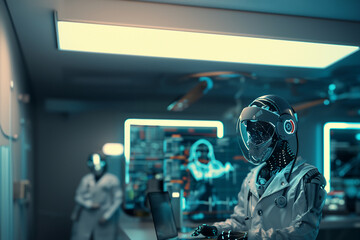 futur : médecin androïde, robot humanoïde avec un stéthoscope  branché à son casque, une blouse blanche et un masque chirurgical travaillant sur un ordinateur pour établir un diagnostique - obrazy, fototapety, plakaty