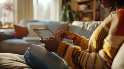 Biracial woman using tablet in sunlit living room - Powered by Adobe
