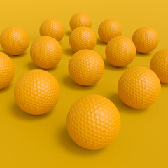 Set of golf ball lying in row on monochrome background