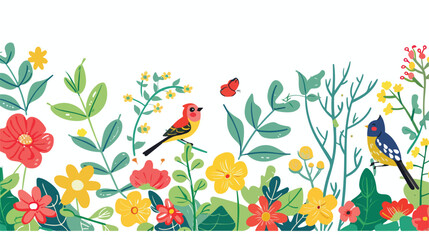 Spring and flowers background with birds and leaves