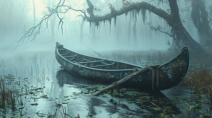 Lonely boat sails through a dark and eerie landscape, surrounded by oppressive surroundings and a sense of gloom, as if it has wandered into a dystopian nightmare