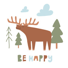 Hand-drawn kids print with elk and Christmas trees. Forest print. Vector illustration of a moose in the forest.