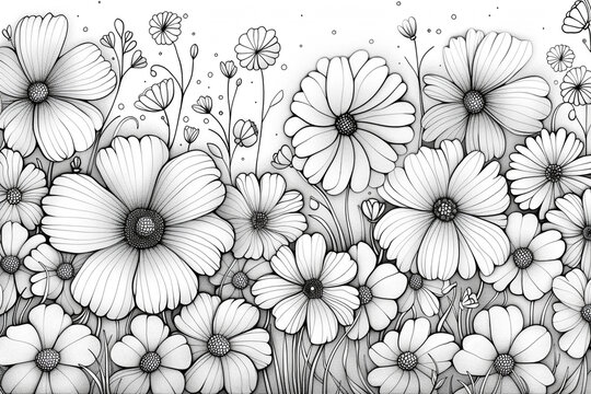 Zen tangle flowers in black and white for coloring book. Hand Drawn Flowers of coloring page in Monochrome Isolated in white background.