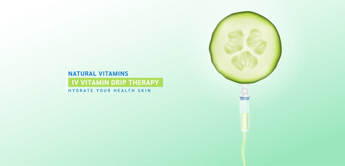 IV Vitamin Drip Therapy. Saline line and syringe is connected to the fresh cucumber slice. Fruits rich in vitamins minerals collagen natural. Medical and beauty concept. Vector illustration.