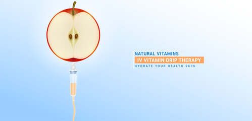 IV Vitamin Drip Therapy. Saline line and syringe is connected to the fresh red apple slice. Fruits rich in vitamins minerals collagen natural. Medical and beauty concept. Vector illustration.