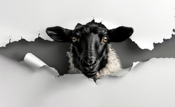 A sheep is peeking out from a hole in a wall. The sheep's head is visible. The image has a sense of curiosity and intrigue. black sheep looking through paper wall in paper hole