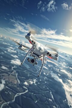 A drone quadcopter in action, its digital camera poised to capture breathtaking aerial footage, epitomizing the fusion of technology and creativity in modern photography